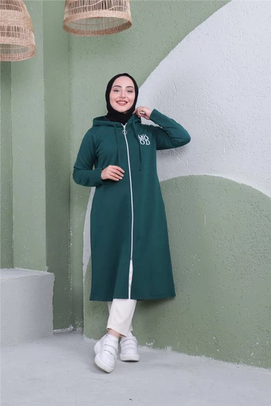 Yazı Baskılı Fermuarlı Kapşonlu Uzun Sweat - 03081.021 - Nefti - 2