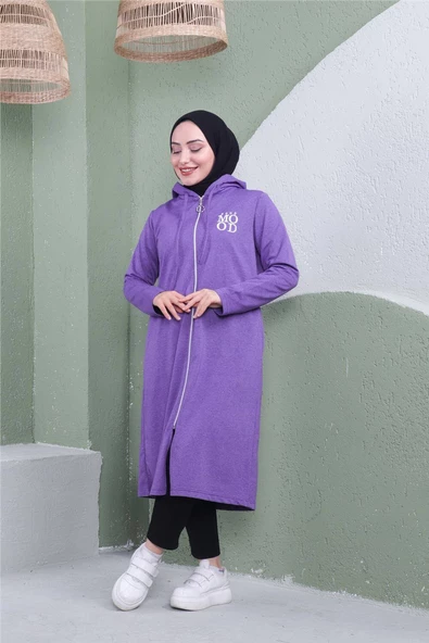 Yazı Baskılı Fermuarlı Kapşonlu Uzun Sweat - 03081.207 - Koyu Lila - 4