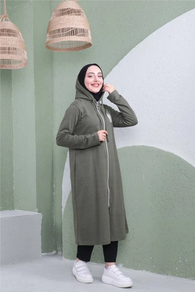 Yazı Baskılı Fermuarlı Kapşonlu Uzun Sweat - 03081.005 - Haki - 6