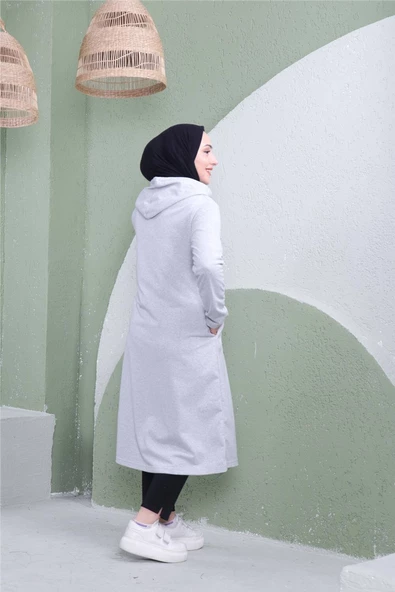 Yazı Baskılı Fermuarlı Kapşonlu Uzun Sweat - 03081.008 - Gri - 8
