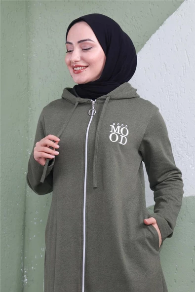 Yazı Baskılı Fermuarlı Kapşonlu Uzun Sweat - 03081.005 - Haki - 5