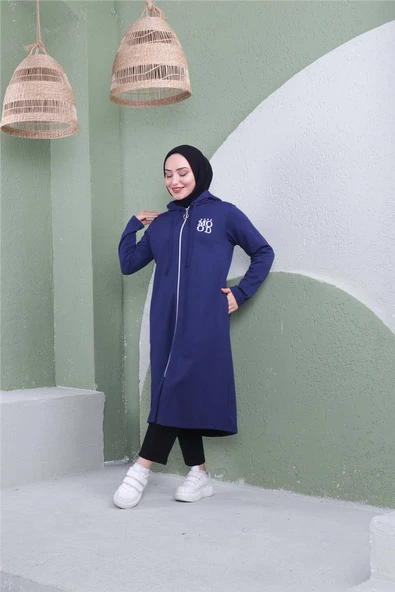 Yazı Baskılı Fermuarlı Kapşonlu Uzun Sweat - 03081.202 - Açık Lacivert - 6