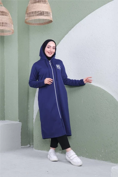 Yazı Baskılı Fermuarlı Kapşonlu Uzun Sweat - 03081.202 - Açık Lacivert - 8