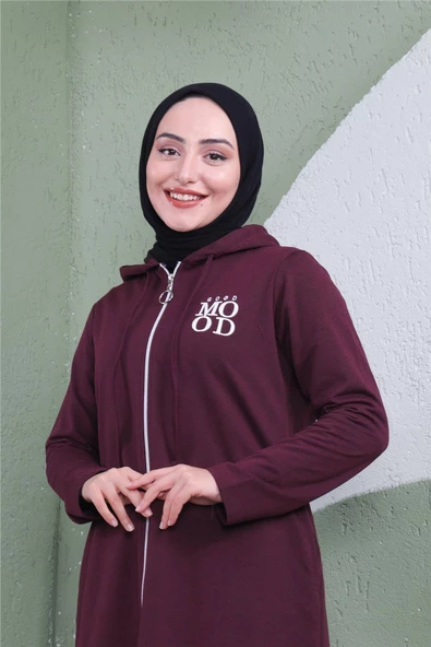Yazı Baskılı Fermuarlı Kapşonlu Uzun Sweat - 03081.020 - Mürdüm - 7