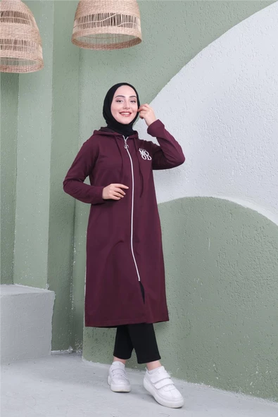 Yazı Baskılı Fermuarlı Kapşonlu Uzun Sweat - 03081.020 - Mürdüm - 5