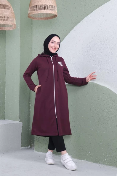 Yazı Baskılı Fermuarlı Kapşonlu Uzun Sweat - 03081.020 - Mürdüm - 3