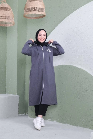 Yazı Baskılı Fermuarlı Kapşonlu Uzun Sweat - 03081.017 - Antrasit - 3
