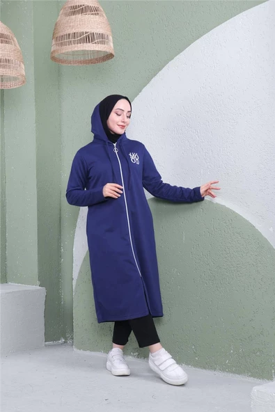 Yazı Baskılı Fermuarlı Kapşonlu Uzun Sweat - 03081.202 - Açık Lacivert - 7