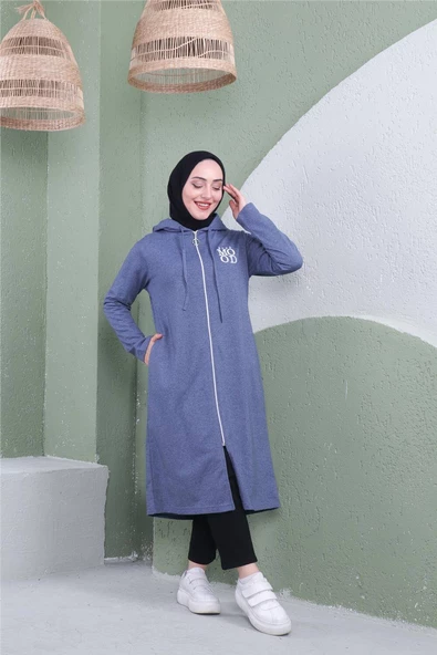Yazı Baskılı Fermuarlı Kapşonlu Uzun Sweat - 03081.006 - İndigo - 3