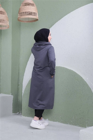 Yazı Baskılı Fermuarlı Kapşonlu Uzun Sweat - 03081.017 - Antrasit - 7