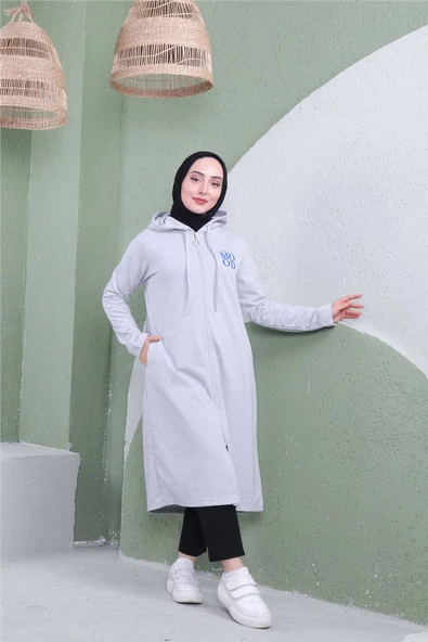 Yazı Baskılı Fermuarlı Kapşonlu Uzun Sweat - 03081.008 - Gri - 6