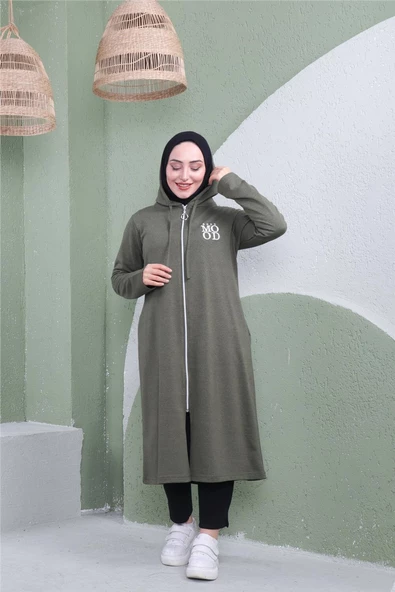 Yazı Baskılı Fermuarlı Kapşonlu Uzun Sweat - 03081.005 - Haki - 7