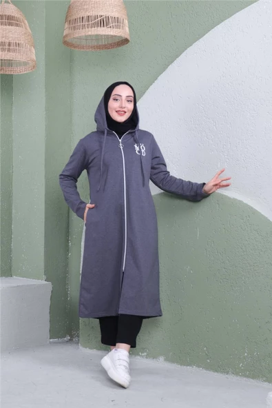 Yazı Baskılı Fermuarlı Kapşonlu Uzun Sweat - 03081.017 - Antrasit