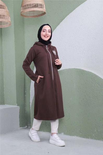 Yazı Baskılı Fermuarlı Kapşonlu Uzun Sweat - 03081.028 - Kahverengi - 6