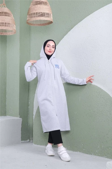 Yazı Baskılı Fermuarlı Kapşonlu Uzun Sweat - 03081.008 - Gri - 3