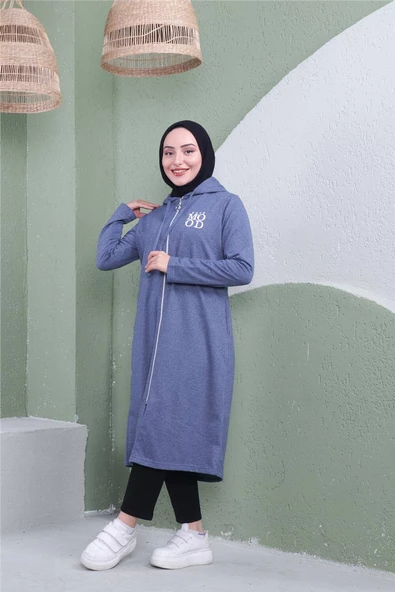 Yazı Baskılı Fermuarlı Kapşonlu Uzun Sweat - 03081.006 - İndigo - 6