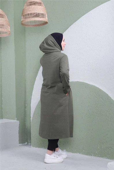 Yazı Baskılı Fermuarlı Kapşonlu Uzun Sweat - 03081.005 - Haki - 8
