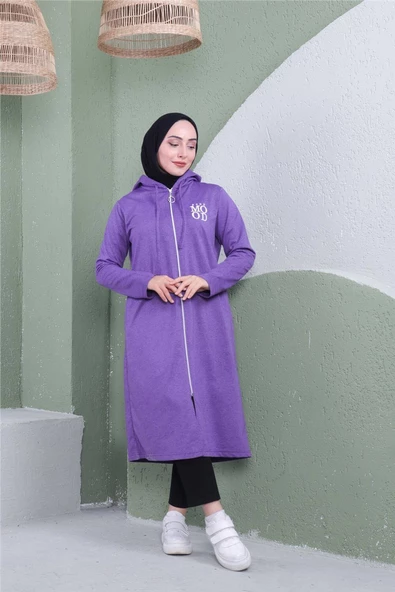 Yazı Baskılı Fermuarlı Kapşonlu Uzun Sweat - 03081.207 - Koyu Lila - 3