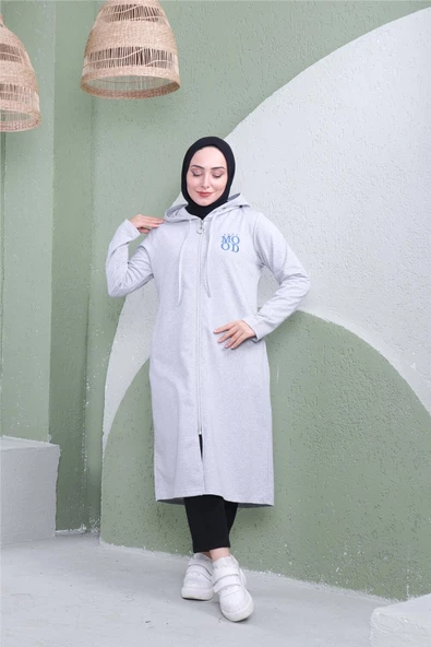 Yazı Baskılı Fermuarlı Kapşonlu Uzun Sweat - 03081.008 - Gri - 9