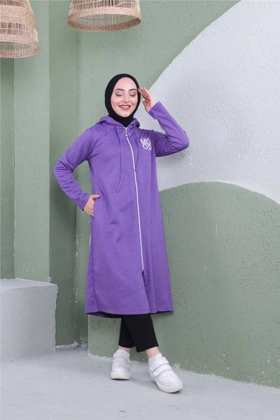 Yazı Baskılı Fermuarlı Kapşonlu Uzun Sweat - 03081.207 - Koyu Lila - 7
