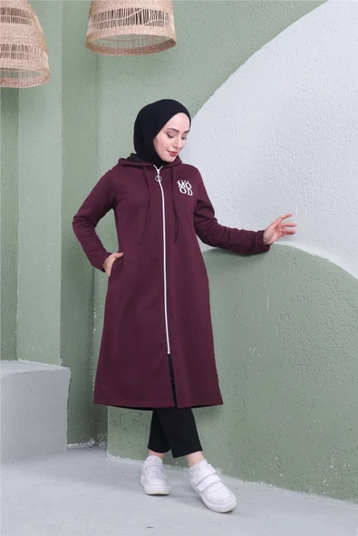 Yazı Baskılı Fermuarlı Kapşonlu Uzun Sweat - 03081.020 - Mürdüm - 2