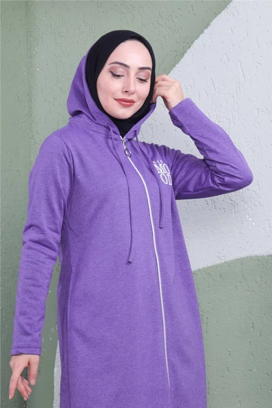 Yazı Baskılı Fermuarlı Kapşonlu Uzun Sweat - 03081.207 - Koyu Lila - 10
