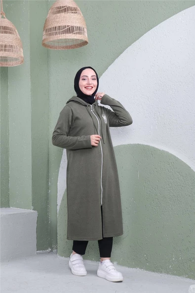 Yazı Baskılı Fermuarlı Kapşonlu Uzun Sweat - 03081.005 - Haki - 4