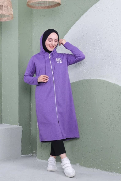 Yazı Baskılı Fermuarlı Kapşonlu Uzun Sweat - 03081.207 - Koyu Lila - 9
