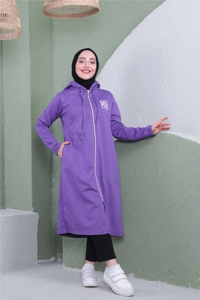 Yazı Baskılı Fermuarlı Kapşonlu Uzun Sweat - 03081.207 - Koyu Lila - 2