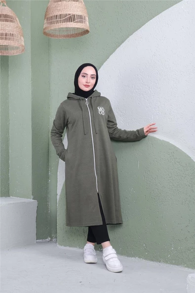 Yazı Baskılı Fermuarlı Kapşonlu Uzun Sweat - 03081.005 - Haki - 3