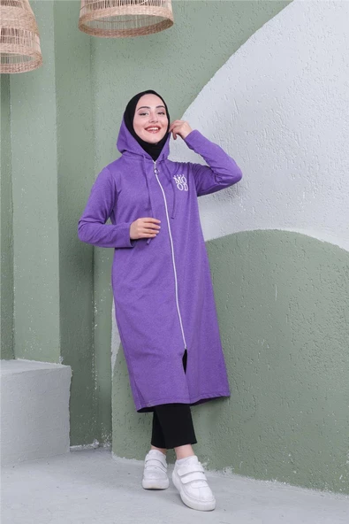 Yazı Baskılı Fermuarlı Kapşonlu Uzun Sweat - 03081.207 - Koyu Lila - 8