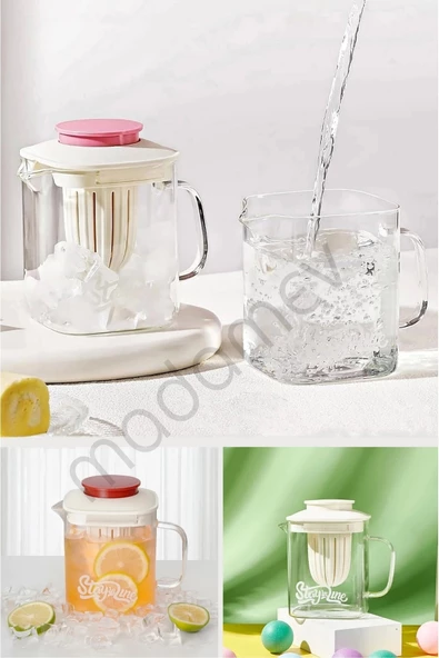 2'li Isıya Dayanıklı Borosilikat Cam Demlik Çelik Filtreli Bitki Çayı Demliği & Kulplu Sürahi 850ml - 3
