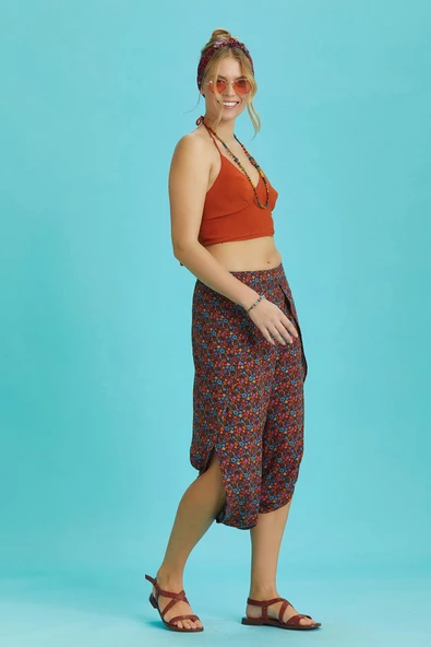 Çiçek Desenli Düşük Bel Etek Pantolon - 3