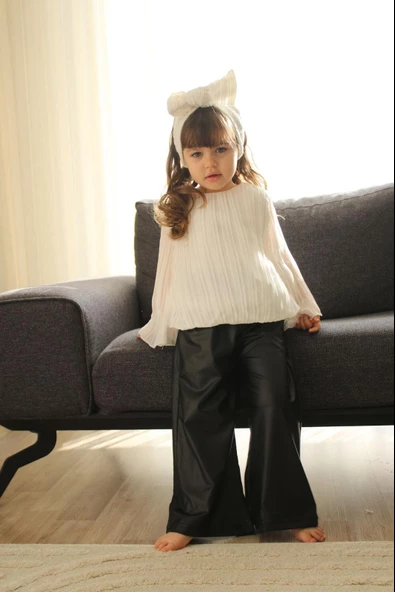 KIZ ÇOCUK PLİSELİ DERİ İSPANYOL PAÇA GÖMLEK PANTOLON TAKIM