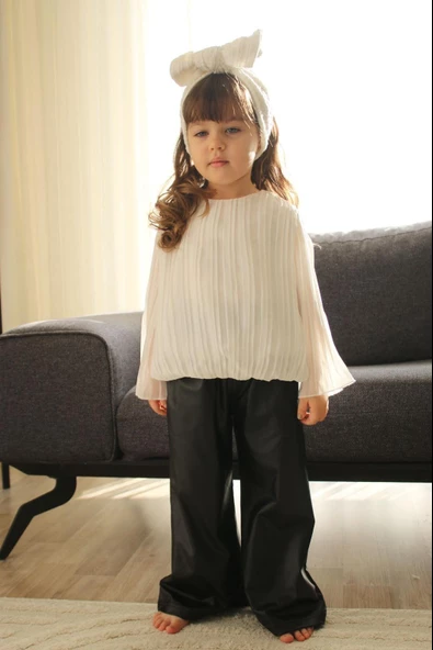 KIZ ÇOCUK PLİSELİ DERİ İSPANYOL PAÇA GÖMLEK PANTOLON TAKIM - 2