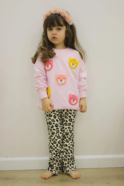 KIZ ÇOCUK AYICIK MODELLİ UZUN KOL PAMUK TAYTLI TAKIM - Resim 2