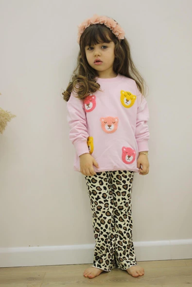 KIZ ÇOCUK AYICIK MODELLİ UZUN KOL PAMUK TAYTLI TAKIM - Resim 3