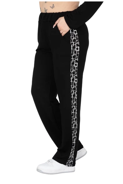 Melsay Butik Siyah Kare Şeritli Büyük Beden Kadın Eşofman Takımı - Resim 6