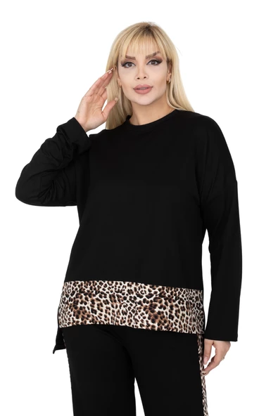 Melsay Butik Siyah Leopar Şeritli Büyük Beden Kadın Eşofman Takımı - Resim 4