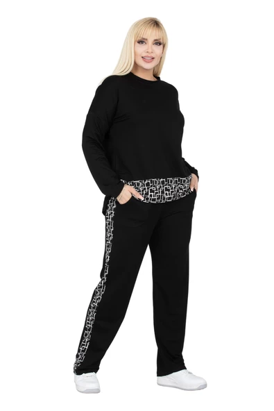 Melsay Butik Siyah Kare Şeritli Büyük Beden Kadın Eşofman Takımı - Resim 2