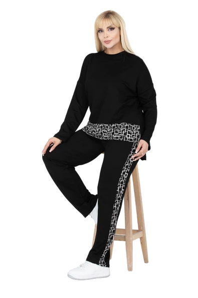 Melsay Butik Siyah Kare Şeritli Büyük Beden Kadın Eşofman Takımı - Resim 3