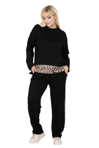 Melsay Butik Siyah Leopar Şeritli Büyük Beden Kadın Eşofman Takımı - Resim 3