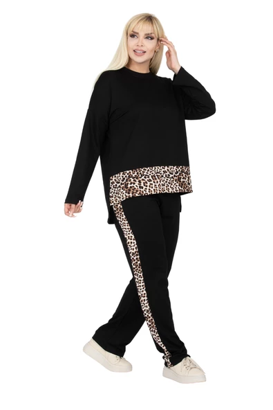 Melsay Butik Siyah Leopar Şeritli Büyük Beden Kadın Eşofman Takımı - Resim 2