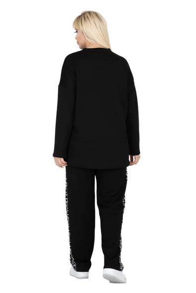 Melsay Butik Siyah Kare Şeritli Büyük Beden Kadın Eşofman Takımı - Resim 4