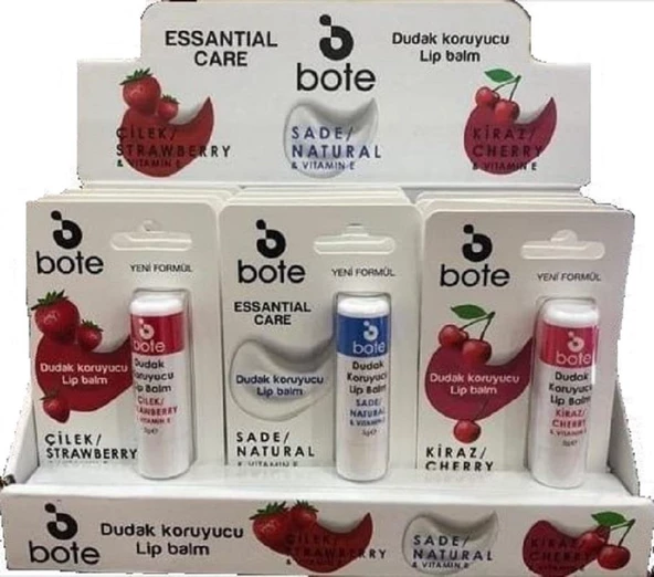 Bote Dudak Koruyucu Lip Stick - Çilek + Kiraz + Sade Stant 12'li