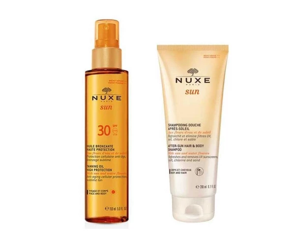 Nuxe Sun Bronzlaştırıcı Yüz ve Vücut Yağı SPF30 150 ml + Nuxe Güneş Sonrası Şampuan 200 ml