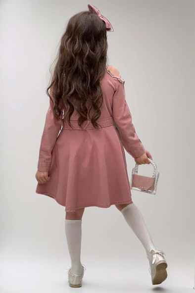 Kız Çocuk Omuzu ve Yakası Taş İşlemeli Pudra Elbise - Resim 2