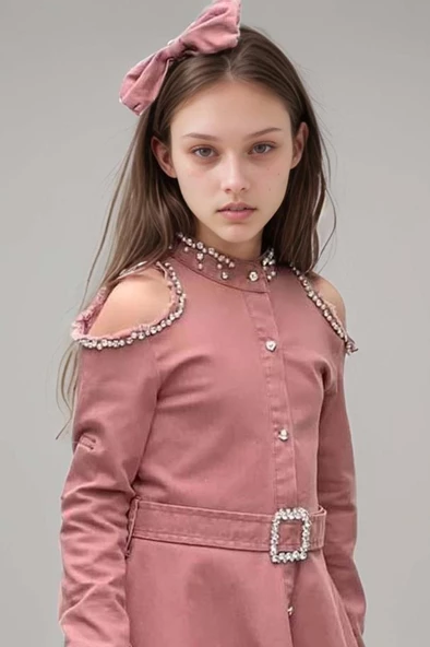 Kız Çocuk Omuzu ve Yakası Taş İşlemeli Pudra Elbise - Resim 3