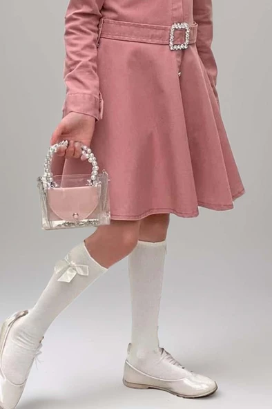 Kız Çocuk Omuzu ve Yakası Taş İşlemeli Pudra Elbise - Resim 4