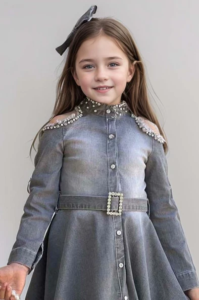 Kız Çocuk Omuzu ve Yakası Taş İşlemeli Gri Kot Elbise - Resim 2
